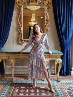 Rixo London Tyra Striped Sequined Crepe Midi Dress in Multi Size AU M for rent on The Volte - image 2