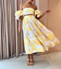 Leo Lin Simone Puff Top and Elina Pleated Midi Skirt Set Jasmine Print in Sun Size 8 for rent on The Volte - image 1