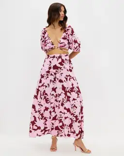 Aere Gathering Detail Linen Top Size 8 & Tiered Linen Maxi Skirt Size 10 Set in Malina Print for rent on The Volte - image 1