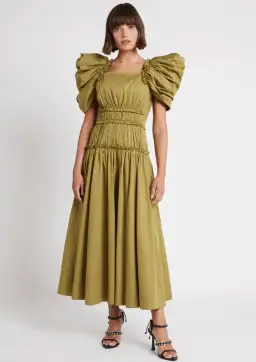 Aje Frequency Puff Butterfly Sleeve Midi Dress Khaki Size 8 for rent on The Volte - image 1