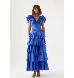 Aje Rhythmic Frill Bodice Size AU 8 & Eleni Tiered Maxi Skirt Size AU 10 Set Blue for rent on The Volte - image 1