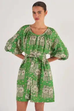 Oroton Full Sleeve Posie Print Mini Sun Dress Green Floral Size 12 for rent on The Volte - image 1