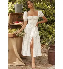 House of CB Tallulah White Floral Puff Sleeve Midi Dress XS / Au 6
