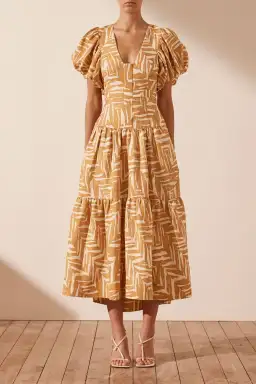 Shona Joy Imani Linen Plunged Short Sleeve Midi Dress Print Size 12 for rent on The Volte - image 1