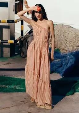 Shona Joy Hele One Shoulder Tiered Maxi Dress Coconut/Tangerine Size AU 6