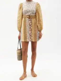 Zimmermann High Neck Patchwork Linen Mini Dress Brown Stripe Size 10