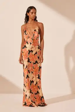 Shona Joy Rosa Silk Plunged Double Strap Maxi Dress Coral Pink Multi Size 10 for rent on The Volte - image 1