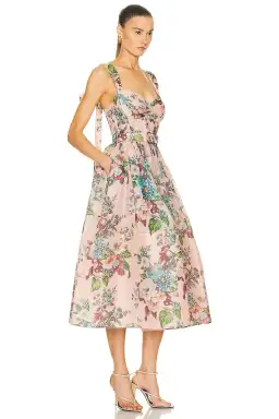 Zimmermann  Matchmaker Midi Dress Pink Barkcloth Floral Print  Size 2 / AU 12 for rent on The Volte - image 2