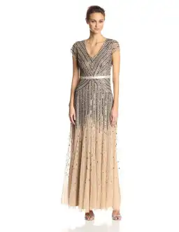 Adrianna Papell Sequinned V-Neck Cap Sleeve Gown - Gold - Size 16 for rent on The Volte - image 2