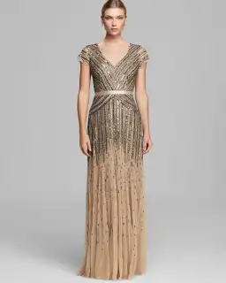 Adrianna Papell Sequinned V-Neck Cap Sleeve Gown - Gold - Size 16 for rent on The Volte - image 1