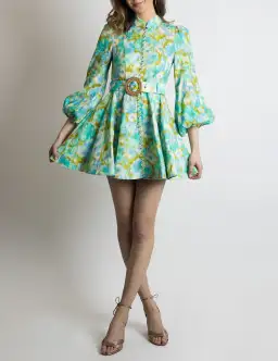 Zimmermann High Tide Buttoned Mini Dress Aqua Floral Ikat Size 1/ AU 10 for rent on The Volte - image 2