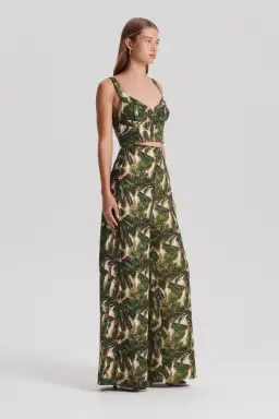 Scanlan Theodore Italian Printed Linen Bralette in Size 10 & Trouser in Size 8 Set Khaki for rent on The Volte - image 1