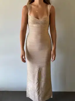 Herve Leger Sweetheart Banded Foil Gown Gold in Size XS/ AU 6 for rent on The Volte - image 1