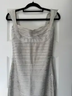 Herve Leger Sweetheart Banded Foil Gown Silver in Size XS/AU 6 for rent on The Volte - image 2