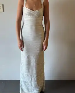 Herve Leger Sweetheart Banded Foil Gown Silver in Size XS/AU 6 for rent on The Volte - image 1