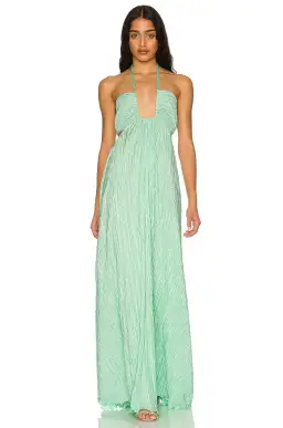 LoveShackFancy Julissa Plissé Satin Halterneck Maxi Dress In Light Emerald Size S / AU 8 for rent on The Volte - image 4