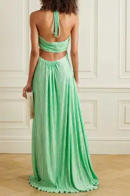 LoveShackFancy Julissa Plissé Satin Halterneck Maxi Dress In Light Emerald Size S / AU 8 for rent on The Volte - image 2