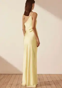 Shona Joy Luxe Asymmetrical Gathered Maxi Dress in Lemon Size 12  for rent on The Volte - image 2