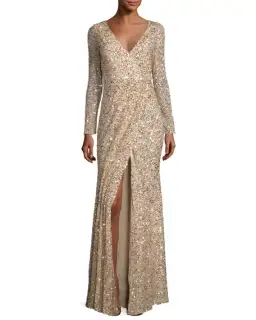 Rachel Gilbert Long Sleeve Sequined V Neck Gown Gold Size 2 for rent on The Volte - image 1