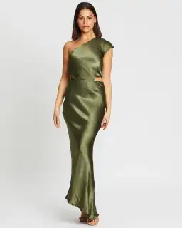 Bec & Bridge Delphine Asymmetril Midi Dress Green Size 8 for rent on The Volte - image 1