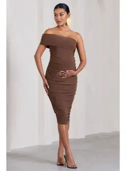 Club L London Remember Me Maternity One Shoulder Midi Dress Chocolate Size AU 12 for rent on The Volte - image 1