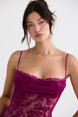 House of CB Ione Devore Midi Dress in Cranberry Size XS / AU 6 for rent on The Volte - image 3