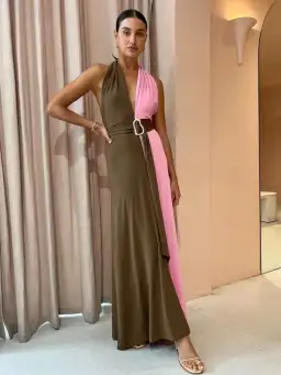 Hansen and Gretel Tempest Halter Wrap Dress in Carob/Pink Size S / AU 8