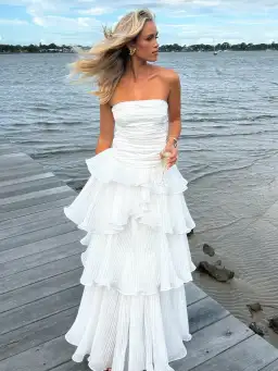 Aje Sunbeam Ruched Bustier and Cosmos Tiered Maxi Skirt Set Ivory Size 10