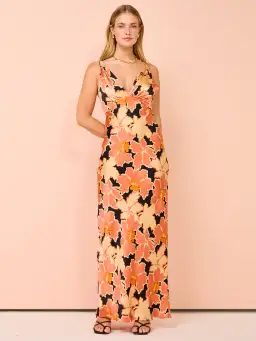 Shona Joy Rosa Silk Plunged Double Strap Maxi Dress in Coral Pink/Multi Size 8