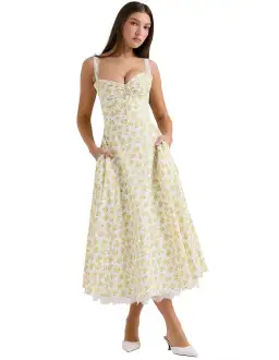 House of CB Rosalee Cotton Bustier Sundress White Vintage Floral Print Size S / AU 8