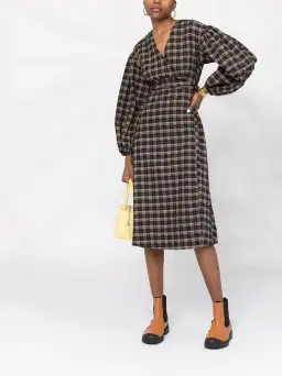 Ganni Fossil Seer Sucker Wrap Dress Check Print Size M / AU 10 for rent on The Volte - image 1