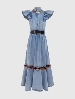 Leo Lin Amelie Butterfly Sleeveless Denim Midi Dress Sand Wash Blue Size 6 for rent on The Volte - image 1