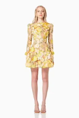 Elliatt Goldenvoice 3D Floral Mini Dress Yellow Size L / AU 12