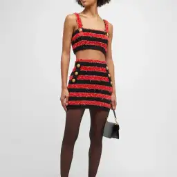 Balmain Button-embellished Striped Metallic Bouclé Mini Skirt In Red Size AU 8 for rent on The Volte - image 1