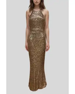 Love Nookie Cowl Back Halter Neck Dress in Gold Sequin Size AU 10