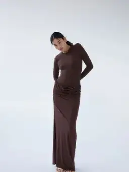 Paris Georgia Backless Bodysuit And Raffy Draped Skirt In Cocoa Size S / AU 8 for rent on The Volte - image 1