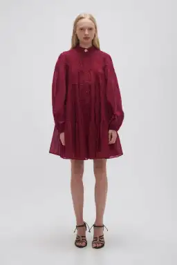 Aje Erika Ruched Tiered Mini Dress Mahogony Red Size 10