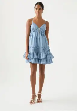 Aje Talia Flounce Mini Dress Steel Blue Size 10 