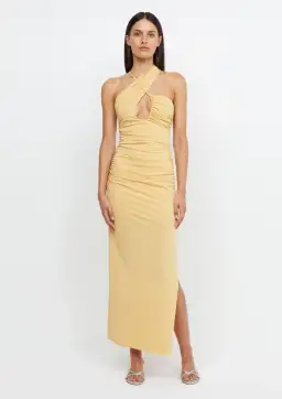 Bec & Bridge Montana Cross Over Midi Dress Straw Yellow Size 6