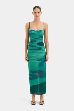 Sir the Label Frankie Gathered Midi Dress Blue/Green Size 0 (AU 6)
