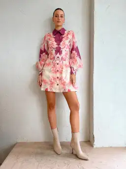 Leo Lin Luminous Silk Linen Mini Dress in Orient Print in Hibiscus Pink Size 10 for rent on The Volte - image 4