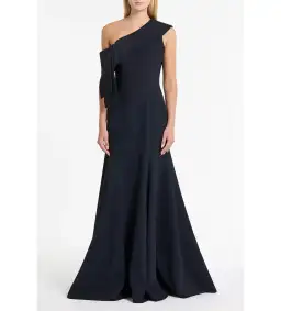 Carla Zampatti Ink Crepe Fascia Asymmetrical Gown Navy Size 12