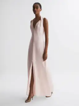 Reiss Lila Bridesmaid Twist Detail Midi Dress Nude Size XS / AU 6