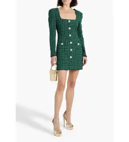 Rebecca Vallance Becca Checked Cotton Blend Tweed Mini Dress Green Size AU 14 