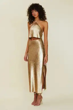 Suboo Pyra High Split Maxi Skirt in Gold Size 10 for rent on The Volte - image 1