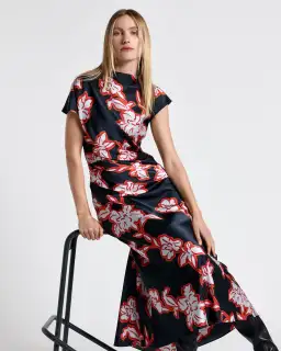 Cue Illustrated Satin Midi Dress Floral Size AU 16 for rent on The Volte - image 3