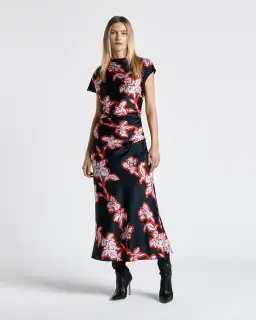 Cue Illustrated Satin Midi Dress Floral Size AU 16 for rent on The Volte - image 1