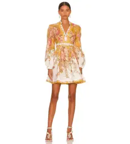 Zimmermann The Pattie Plunge Mini Dress in Mustard Floral Size 0P / AU 6 