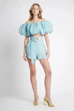 Aje Riviera Off Shoulder Tube Silk Top & Braided Silk Short Set Ice Blue Size 8