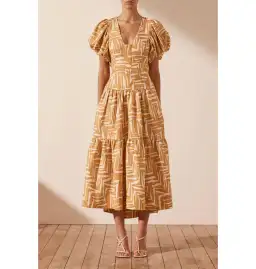 Shona Joy Imani Plunged Short Sleeve Midi Dress in Ivory/Ginger Size AU 16